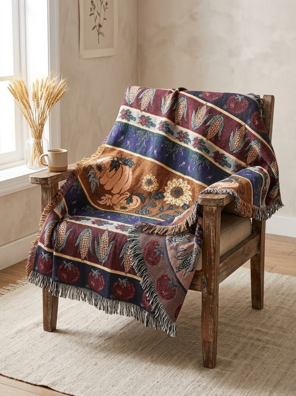 Vintage 90s Autumn Harvest Jacquard Throw Blanket - Multi